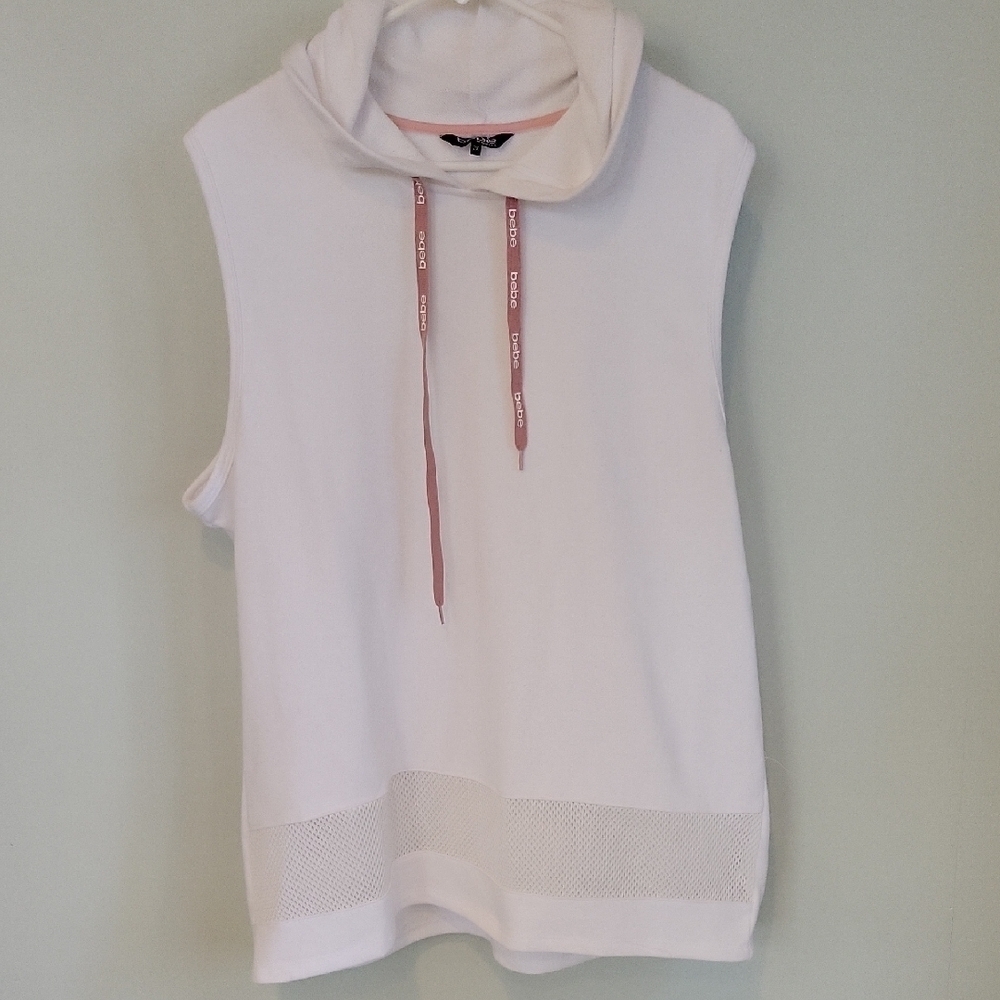 Bebe Sport White Hoodie with Dusty Rose Drawstrings Mesh Hem Detail Size 2x